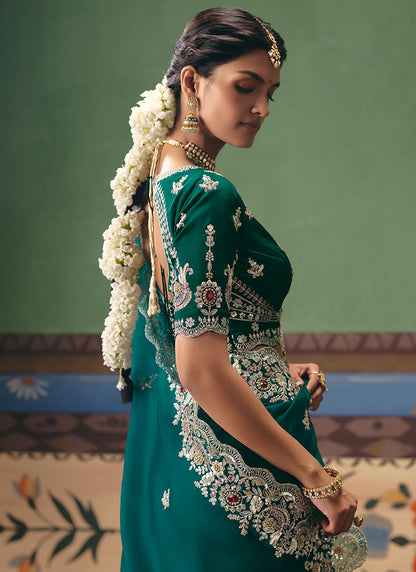 Teal Green Fancy Embroidery Work Wedding Wear Saree SW395693