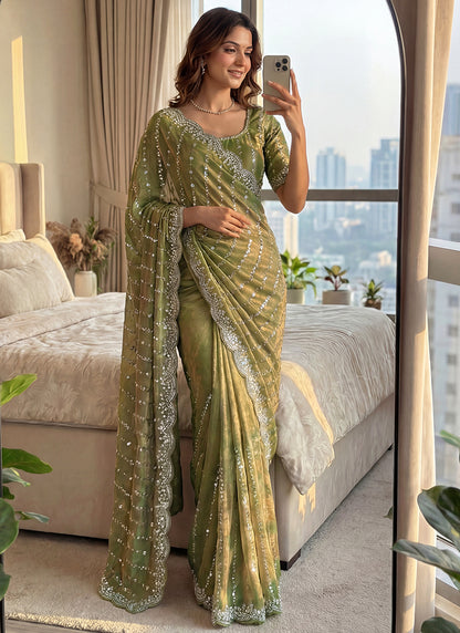 Teal Green Fendi Satin Sequins Work Festival Wear Saree SW930712