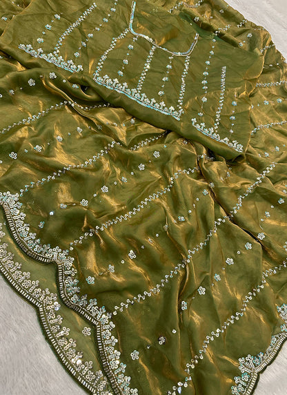 Teal Green Fendi Satin Sequins Work Festival Wear Saree SW930712