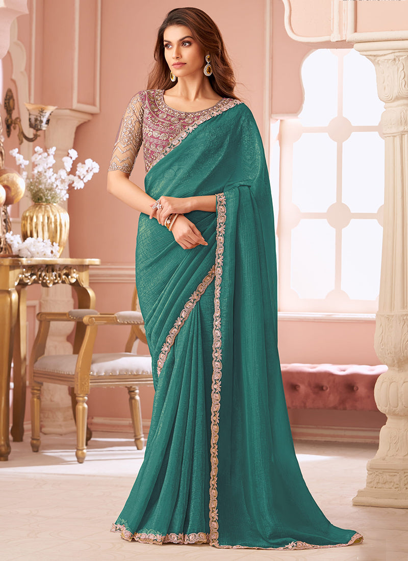Georgette Teal Green Saree with Border Work for Festival Wear 381879