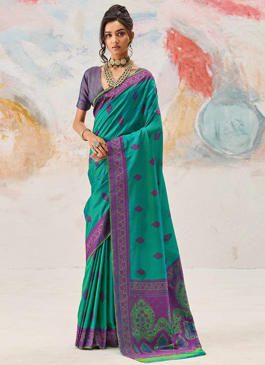Teal Green Kanjivaram Silk Weaving Work Festival Wear Saree SW339949