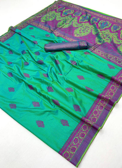 Teal Green Kanjivaram Silk Weaving Work Festival Wear Saree SW339949