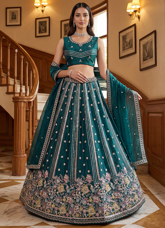 Teal Green Organza Sequins Work  Occasional Wear Lehenga Choli SW782458