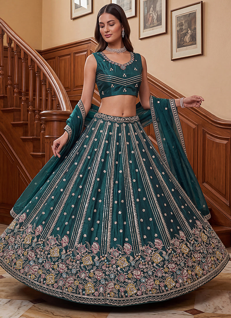 Teal Green Organza Sequins Work  Occasional Wear Lehenga Choli SW782458