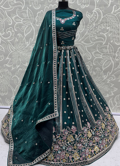 Teal Green Organza Sequins Work  Occasional Wear Lehenga Choli SW782458
