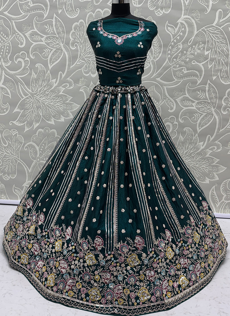 Teal Green Organza Sequins Work  Occasional Wear Lehenga Choli SW782458