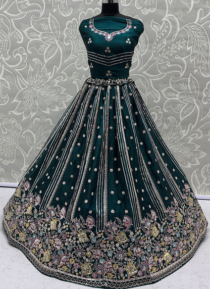 Teal Green Organza Sequins Work  Occasional Wear Lehenga Choli SW782458