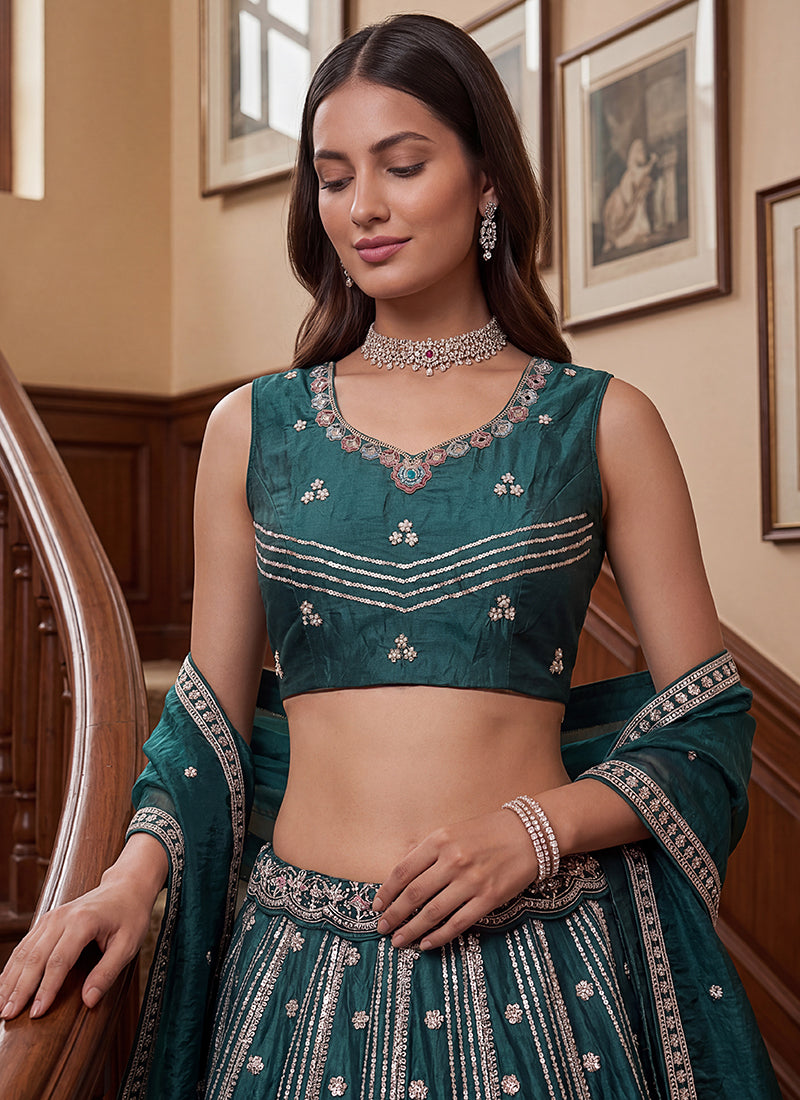 Teal Green Organza Sequins Work  Occasional Wear Lehenga Choli SW782458
