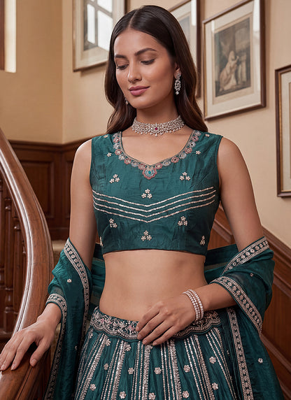 Teal Green Organza Sequins Work  Occasional Wear Lehenga Choli SW782458
