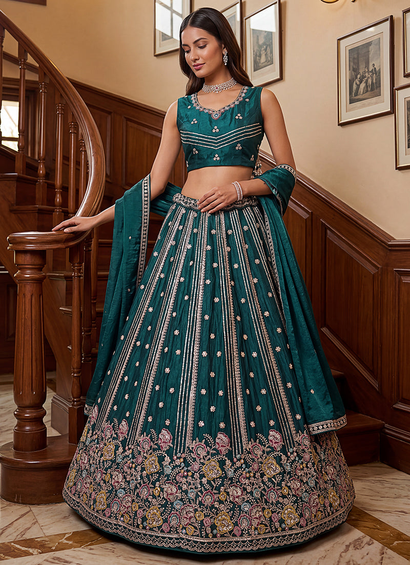 Teal Green Organza Sequins Work  Occasional Wear Lehenga Choli SW782458