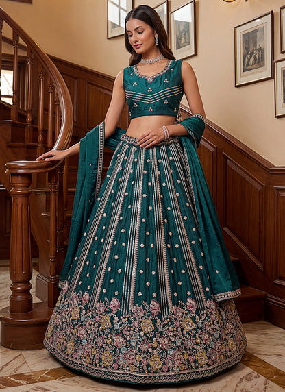 Teal Green Organza Sequins Work  Occasional Wear Lehenga Choli SW782458