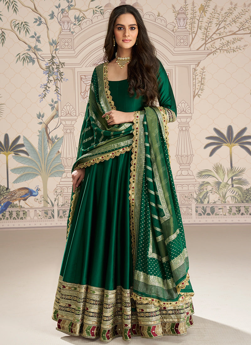 Real Silk Teal Green Party Wear Embroidery Work Readymade Anarkali Gown 388079