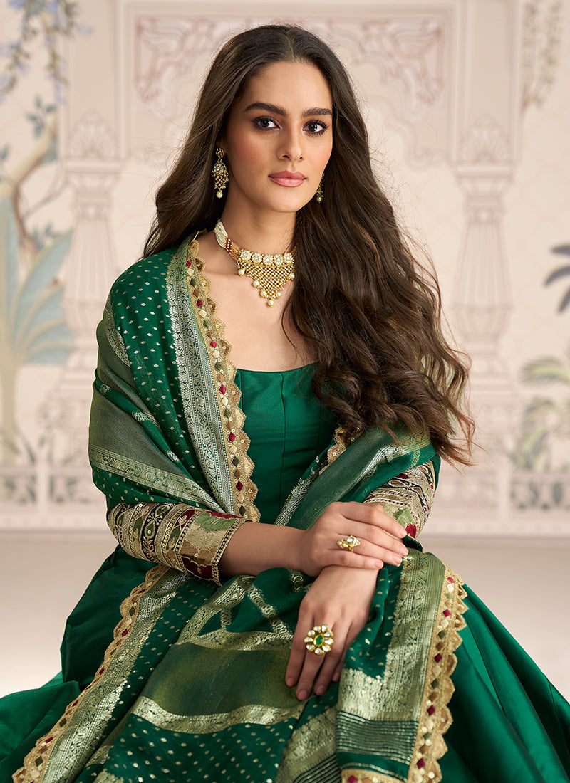 Real Silk Teal Green Party Wear Embroidery Work Readymade Anarkali Gown 388079