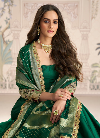 Real Silk Teal Green Party Wear Embroidery Work Readymade Anarkali Gown 388079