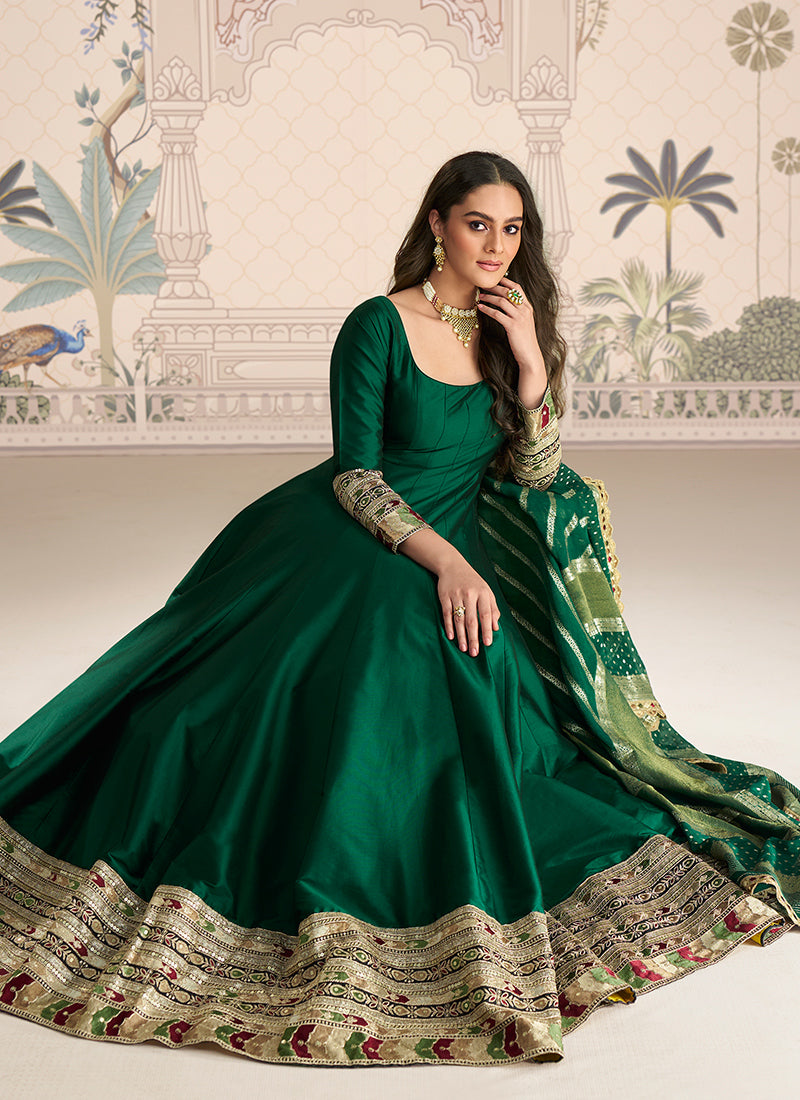Real Silk Teal Green Party Wear Embroidery Work Readymade Anarkali Gown 388079