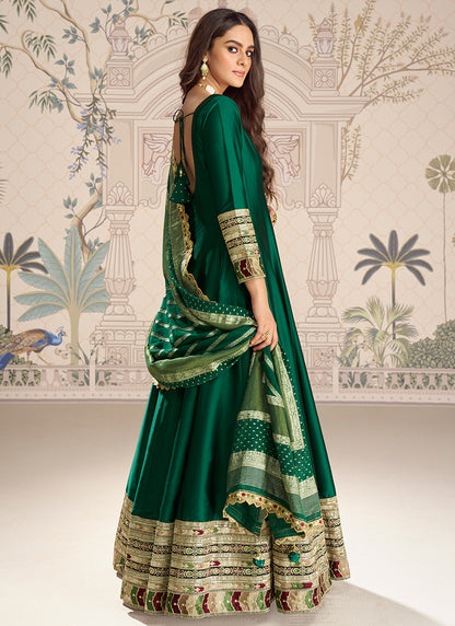 Real Silk Teal Green Party Wear Embroidery Work Readymade Anarkali Gown 388079