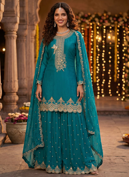 Turquoise Tora Silk Embroidery Work Occasional Wear Readymade Plazzo Suit SW243144