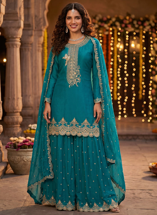 Turquoise Tora Silk Embroidery Work Occasional Wear Readymade Plazzo Suit SW243144