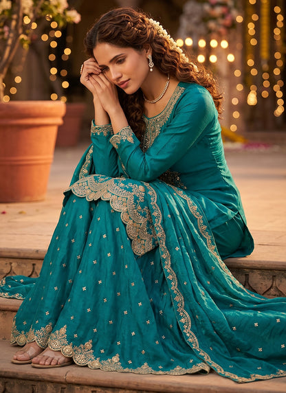 Turquoise Tora Silk Embroidery Work Occasional Wear Readymade Plazzo Suit SW243144