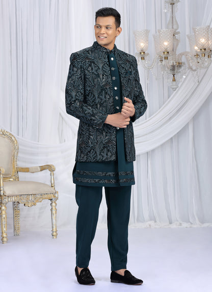 Velvet Silk Teal Green Wedding Wear Computer Thread Work Readymade Indo Western Sherwani 386032