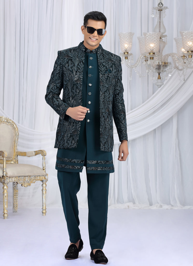Velvet Silk Teal Green Wedding Wear Computer Thread Work Readymade Indo Western Sherwani 386032