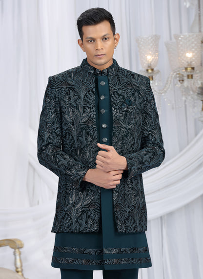 Velvet Silk Teal Green Wedding Wear Computer Thread Work Readymade Indo Western Sherwani 386032