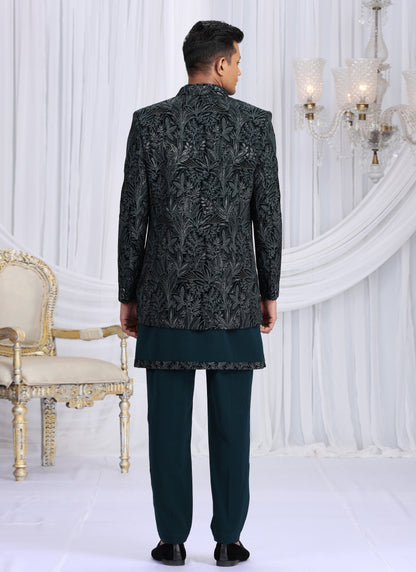 Velvet Silk Teal Green Wedding Wear Computer Thread Work Readymade Indo Western Sherwani 386032