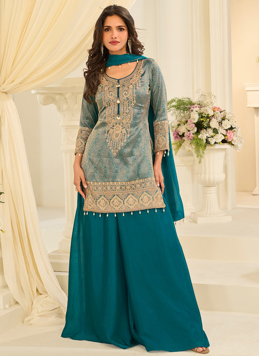 Viscose   Teal Green Festival Wear Jacquard Readymade Plazzo Suit 390768