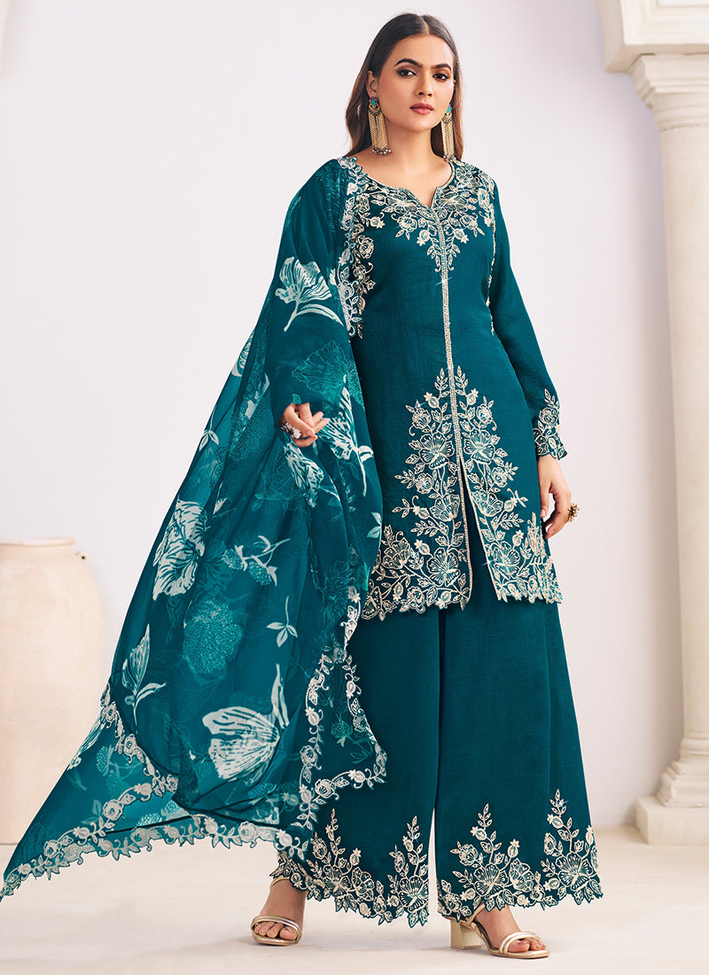 Silk Teal Festival Wear Embroidery Work Readymade Plazzo Suit 385167
