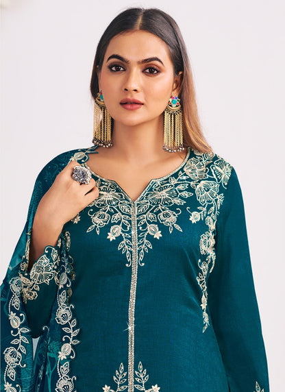 Silk Teal Festival Wear Embroidery Work Readymade Plazzo Suit 385167
