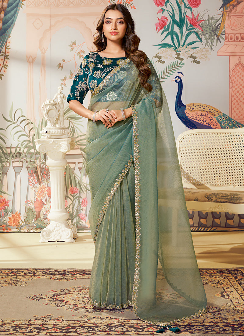 Silk Light Green Saree with Embroidery Work for Festival Wear 385026