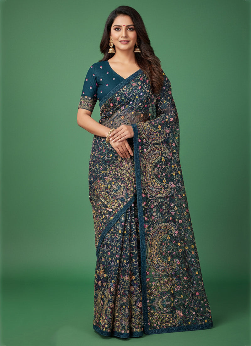 Tissue Silk Teal Saree with Thread Embroidery Work for Wedding Wear 384488