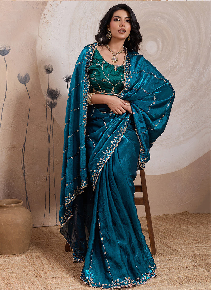 Teal Velvet Satin Beads Work Party Wear Saree SW657310