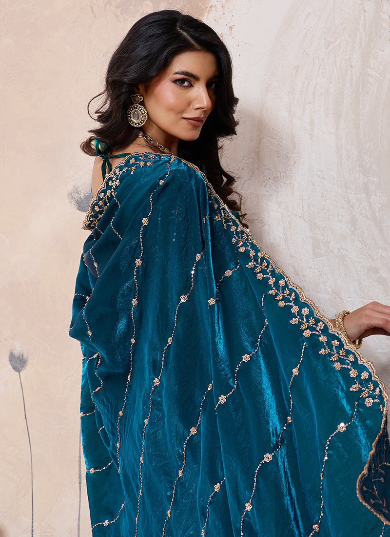 Teal Velvet Satin Beads Work Party Wear Saree SW657310