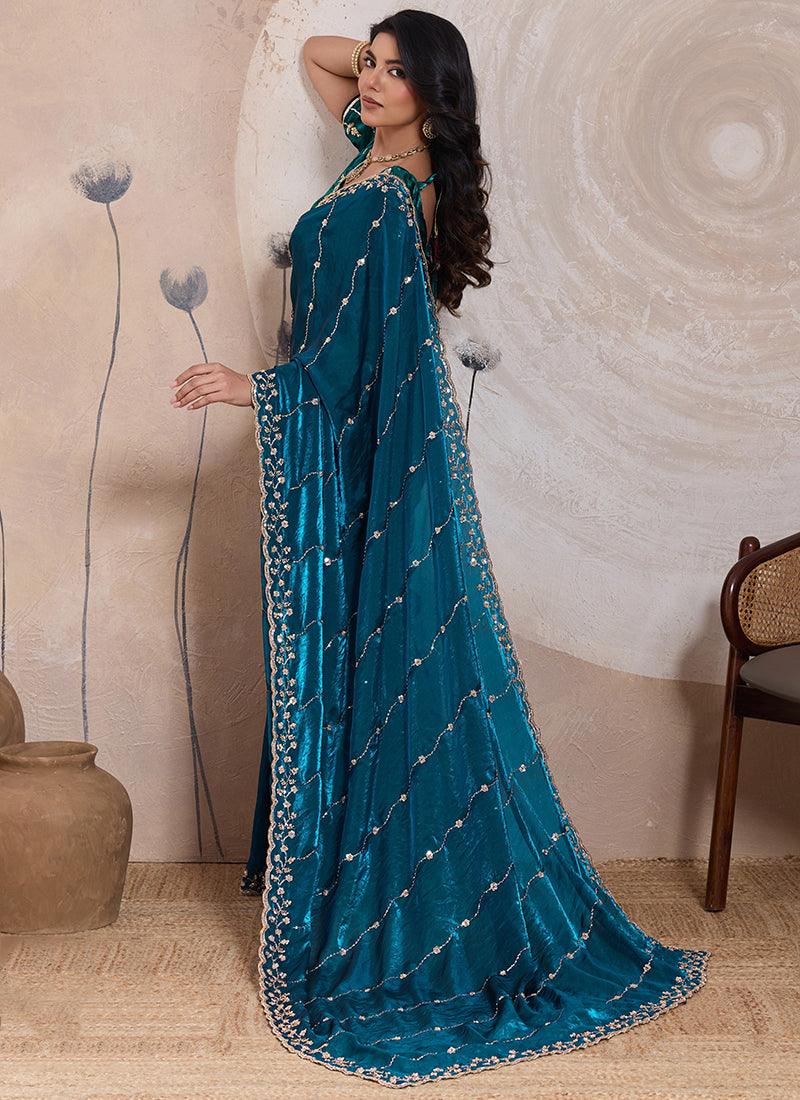 Teal Velvet Satin Beads Work Party Wear Saree SW657310
