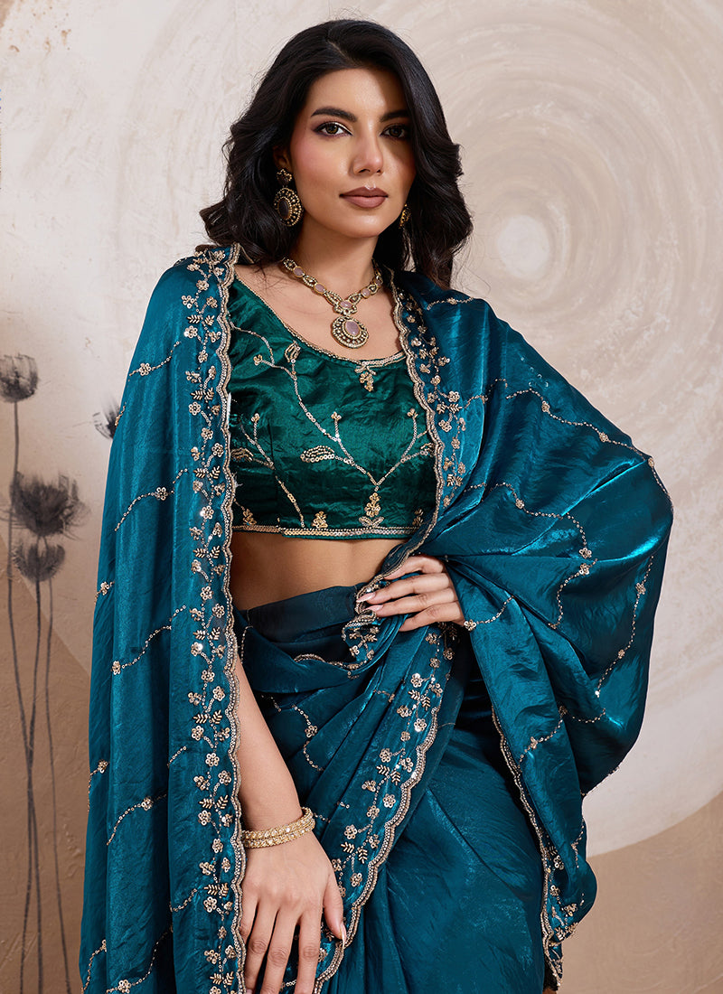 Teal Velvet Satin Beads Work Party Wear Saree SW657310