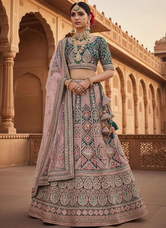 Teal Velvet Embroidery Work Wedding Wear Lehenga Choli SW525885