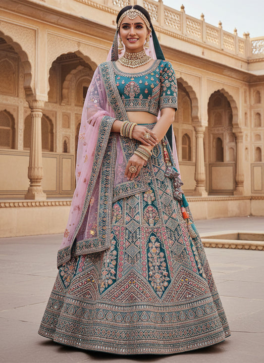 Teal Velvet Embroidery Work Wedding Wear Lehenga Choli SW719588