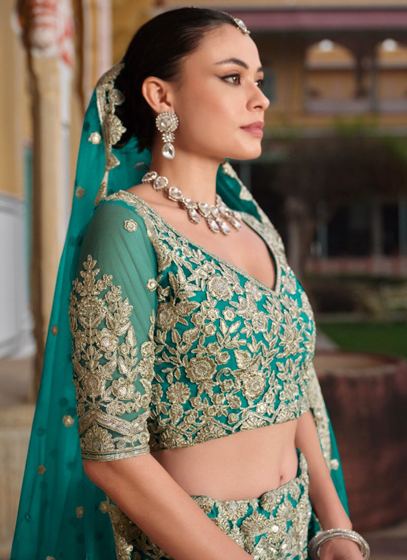 Teal Green Net Sequin Work Wedding Wear Lehenga Choli SW405869