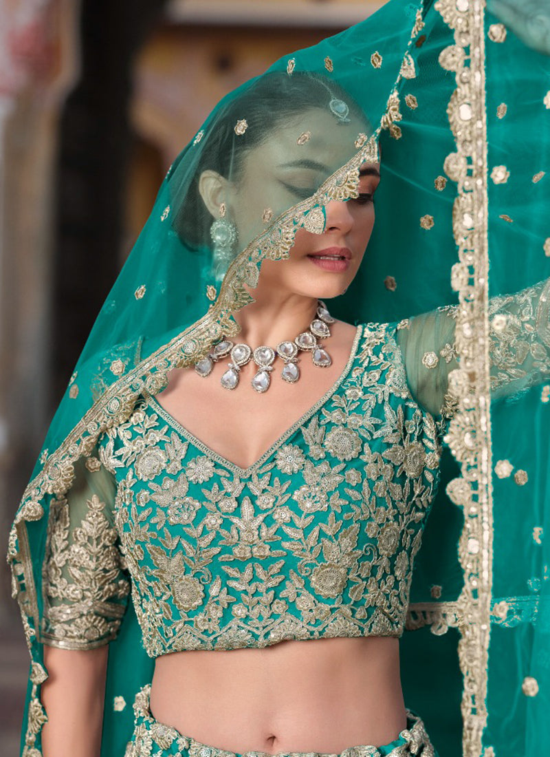 Teal Green Net Sequin Work Wedding Wear Lehenga Choli SW405869