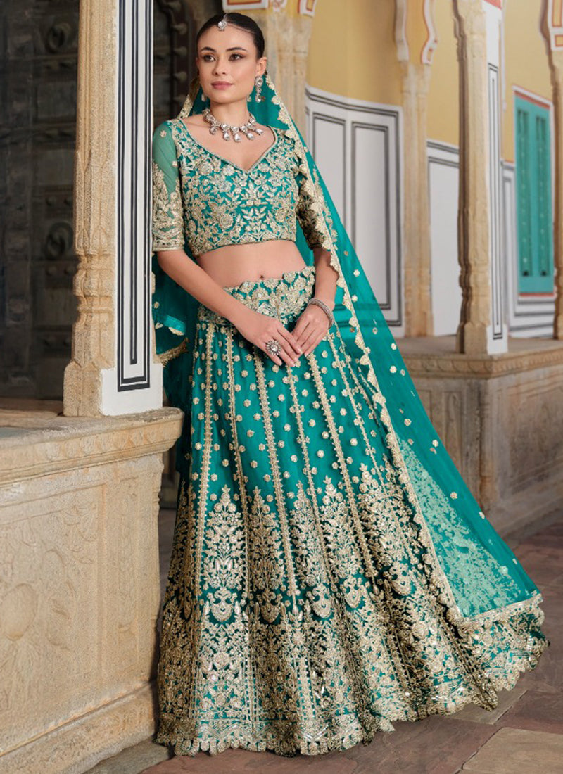 Teal Green Net Sequin Work Wedding Wear Lehenga Choli SW405869