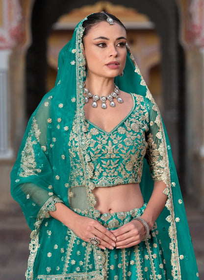 Teal Green Net Sequin Work Wedding Wear Lehenga Choli SW405869
