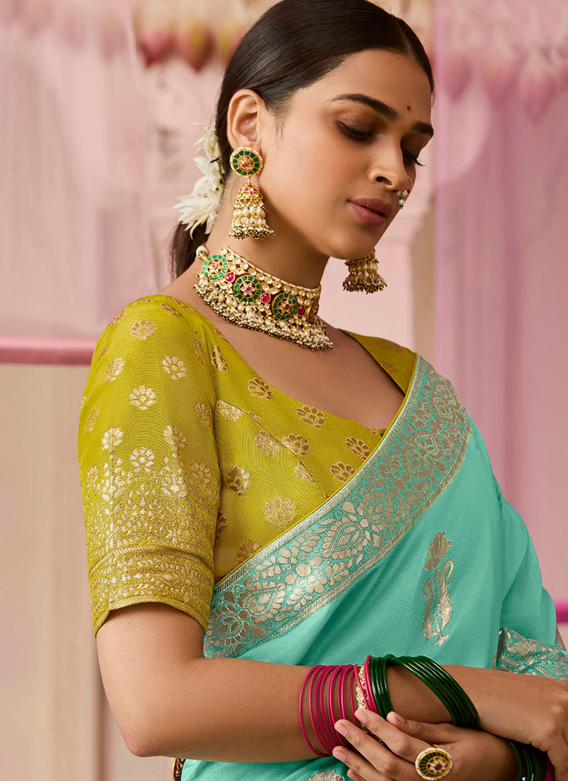 Turquise  Viscose Silk Embroidery Work Occasional Wear Saree SW953768