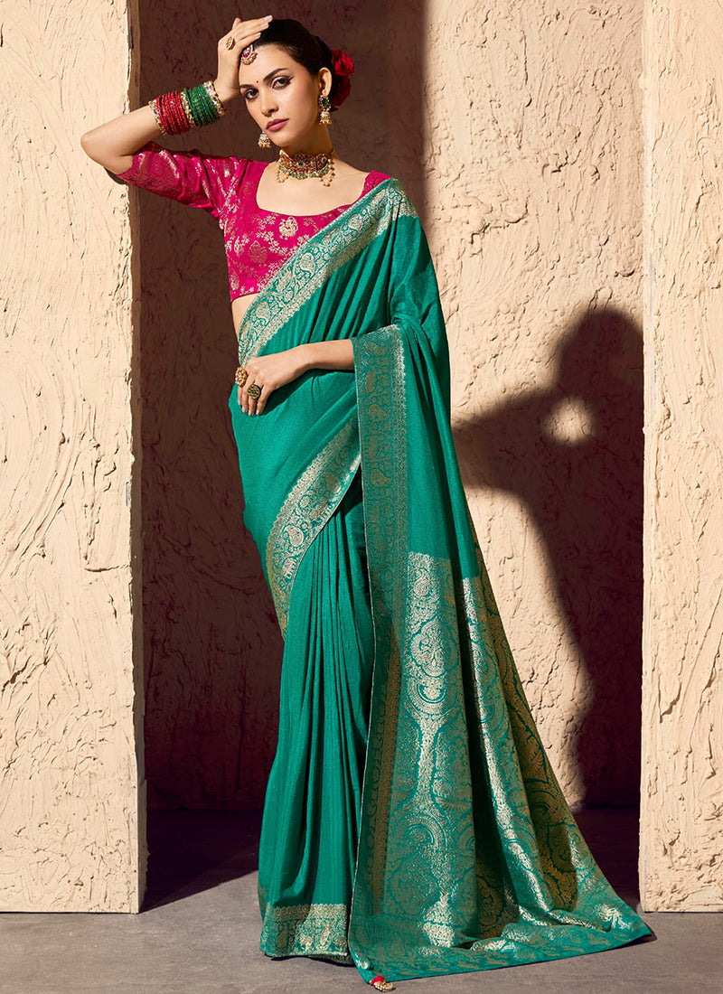 Crepe Georgette Turquiose Green Party Wear Weaving Work Saree 386530