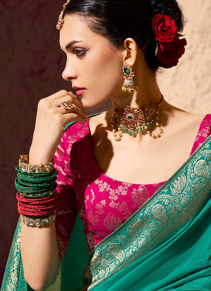 Crepe Georgette Turquiose Green Party Wear Weaving Work Saree 386530