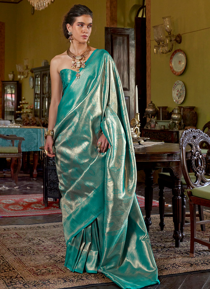 Silk Turquiose Green Saree with Weaving Work for Wedding Wear 382509