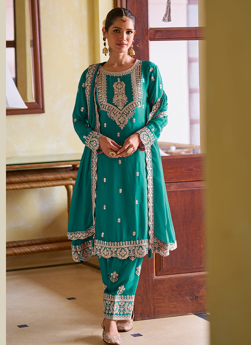 Turquise  Chinon Embroidery Work Festival Wear Readymade Salwar Suit SW357365