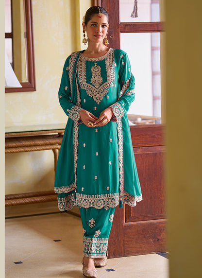 Turquise  Chinon Embroidery Work Festival Wear Readymade Salwar Suit SW357365