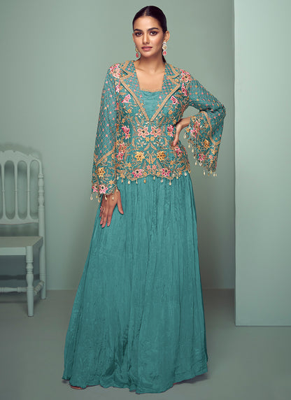 Turquise  Chinon Embroidery Work Occasional Wear Readymade Designer Suit SW474229