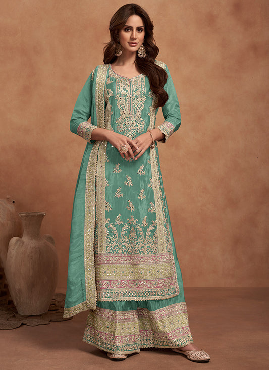 Turquise  Shimmer Silk Embroidery Work Festival Wear Readymade Plazzo Suit SW660644
